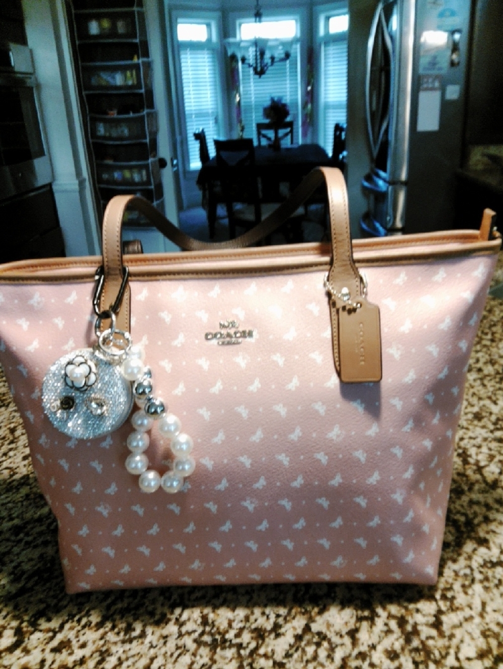 Coach Pink Signature Tote with Tan Leather Trim and Pearl Charm EUC  NO CALL OUT